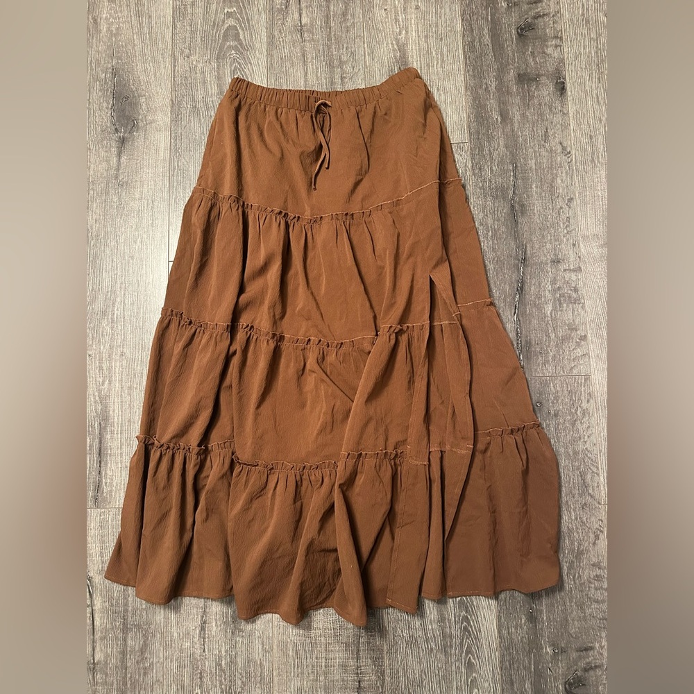 Elleven Woman’s Summer Slit Brown Tiered Maxi Skirt